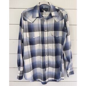 Ruddock Bros Long Sleeve Pearl Snap Button Up Shirt Navy Plaid Mens Large EUC